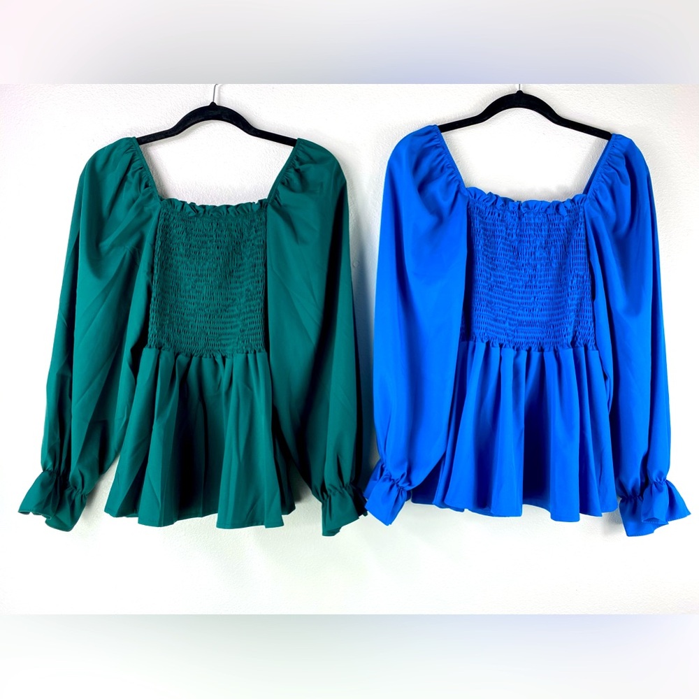 NWOT Lot of 2 Blouses Square Neck Smocked Shirred Flounce Long Sleeve Tops Small